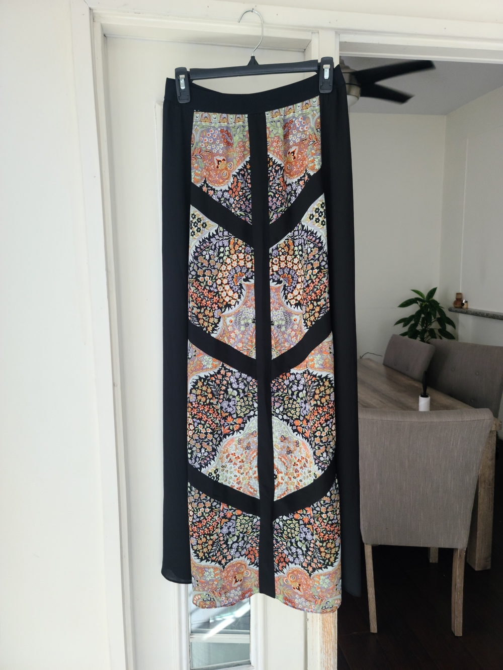 BCBGMaxAzria Black Maxi Skirt with Multicolor Paisley Panels